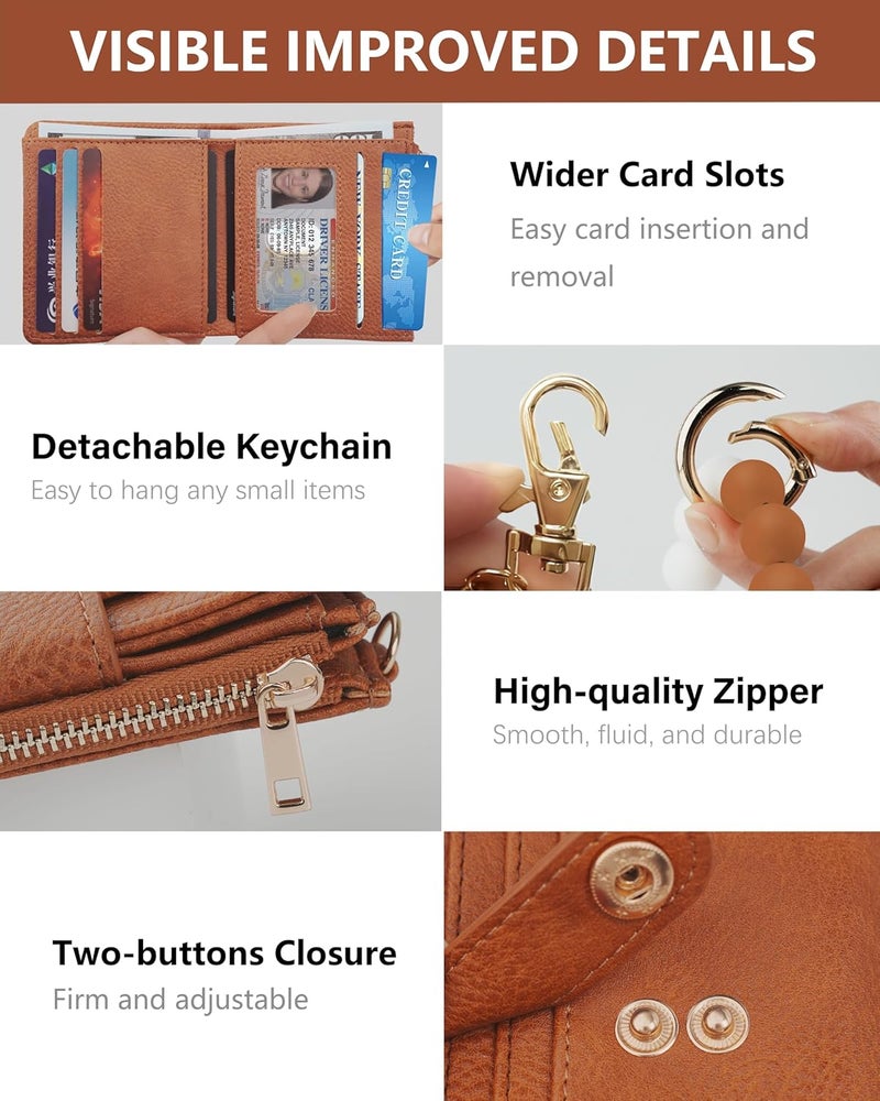 Sunpour Small Wristlet Wallets for Women Keychain Wristlet Wallet RFID Blocking Key Chain Wallet With Zipper Coin Pocket,2 Id Window (Brown) - Image 5